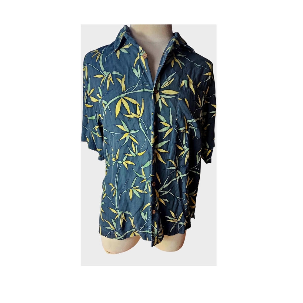 Tommy Bahama 100% Silk Men's Button Short Sleeve Shirt Tropical Blue Green EUC